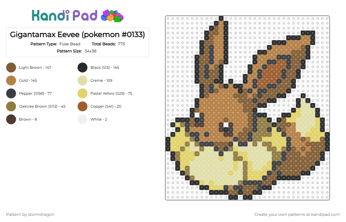 Gigantamax Eevee (pokemon #0133) - Fuse Bead Pattern by stormdragon on Kandi Pad - yellow,tan,pokemon,video games,eevee,gigantamax,brown