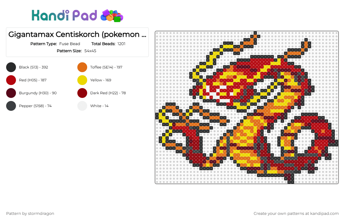 Gigantamax Centiskorch (pokemon #0851) - Fuse Bead Pattern by stormdragon on Kandi Pad - orange,red,video games,pokemon,gigantamax,centiskorch,yellow