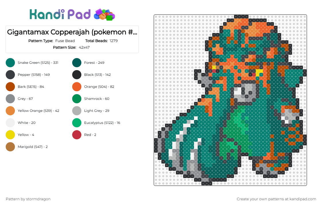 Gigantamax Copperajah (pokemon #0879) - Fuse Bead Pattern by stormdragon on Kandi Pad - copperajah, gigantamax, gray, green, orange, pokemon, teal, video games
