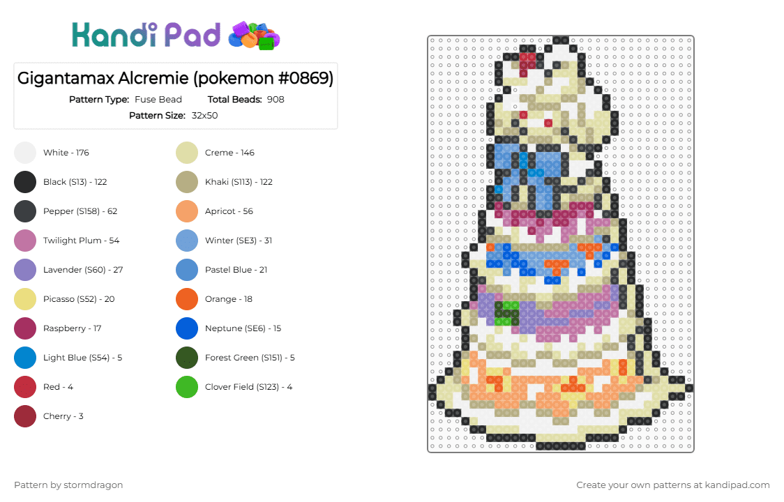 Gigantamax Alcremie (pokemon #0869) - Fuse Bead Pattern by stormdragon on Kandi Pad - yellow,beige,orange,pink,video games,pokemon,gigantamax,alcremie