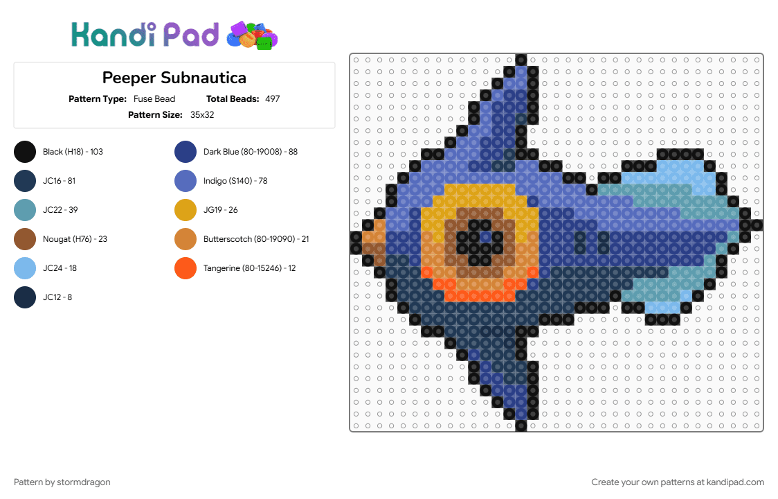 Peeper Subnautica - Fuse Bead Pattern by stormdragon on Kandi Pad - alien, animal, blue, fish, peeper, subnautica, video games, yellow