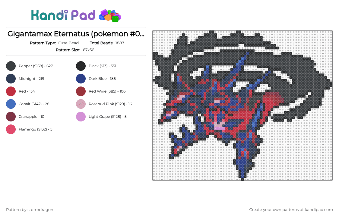 Gigantamax Eternatus (pokemon #0890) - Fuse Bead Pattern by stormdragon on Kandi Pad - black, blue, eternatus, gigantamax, grey, pokemon, purple, red, video games