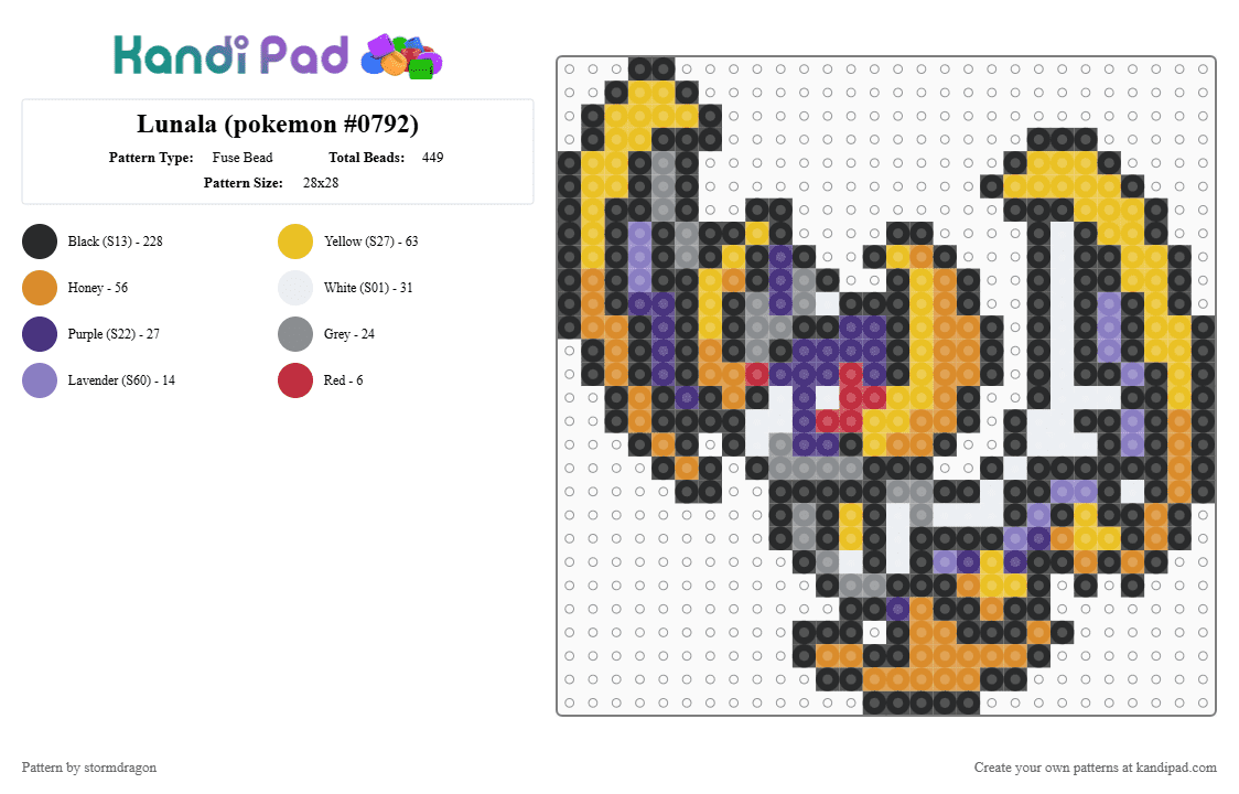 Lunala (pokemon #0792) - Fuse Bead Pattern by stormdragon on Kandi Pad - black,yellow,orange,fuse bead,perler bead,pokemon,video games,lunala,purple,white