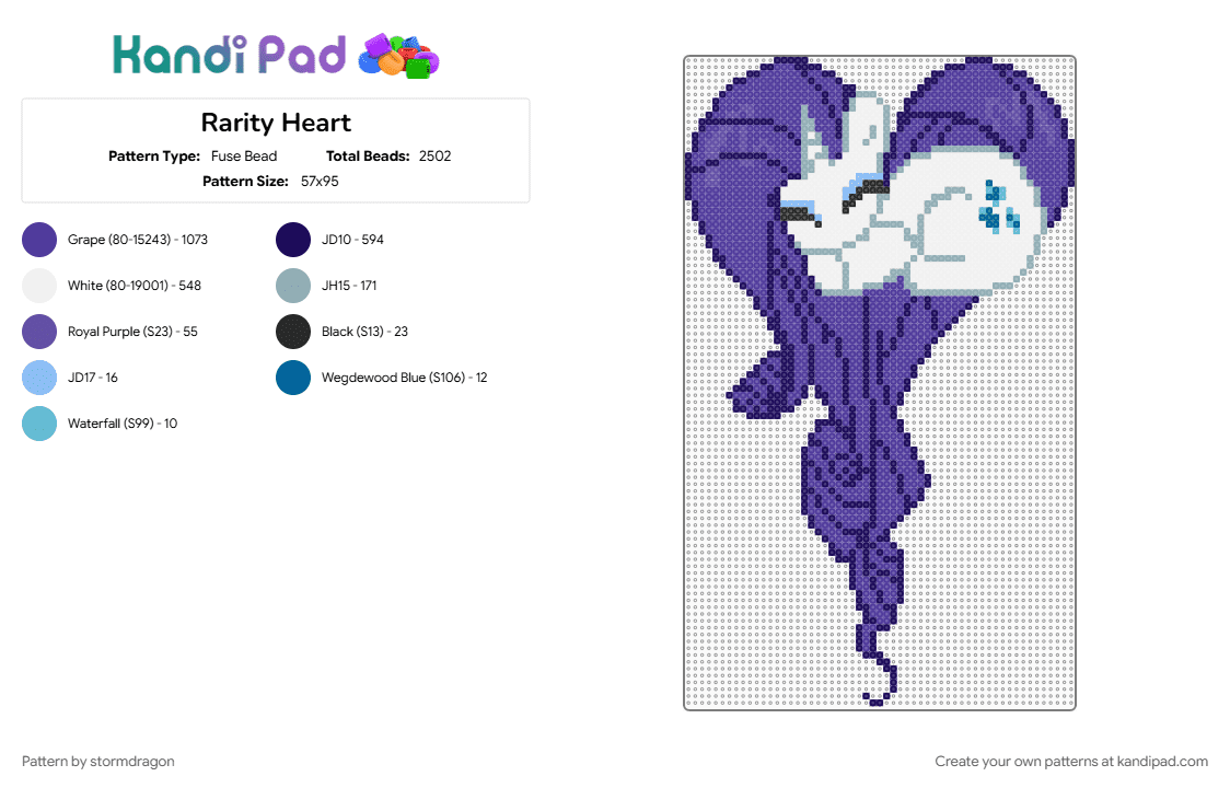 Rarity Heart - Fuse Bead Pattern by stormdragon on Kandi Pad - heart, mlp, my little pony, purple, rarity, tv show, unicorn, white