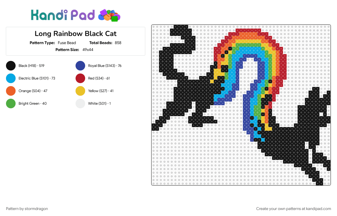 Long Rainbow Black Cat - Fuse Bead Pattern by stormdragon on Kandi Pad - animal, black, cat, colorful, light blue, purple, rainbow, red