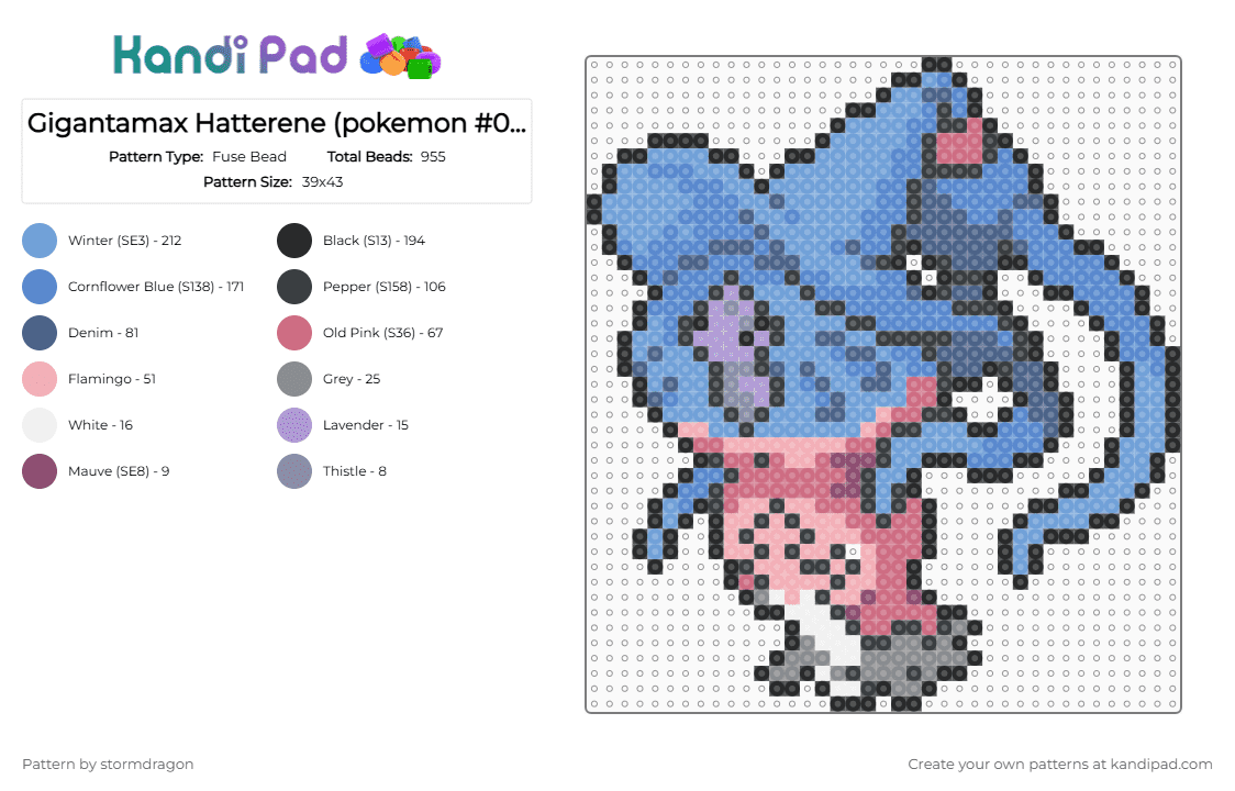 Gigantamax Hatterene (pokemon #0858) - Fuse Bead Pattern by stormdragon on Kandi Pad - blue, gigantamax, hatterene, light blue, pink, pokemon, video games, white