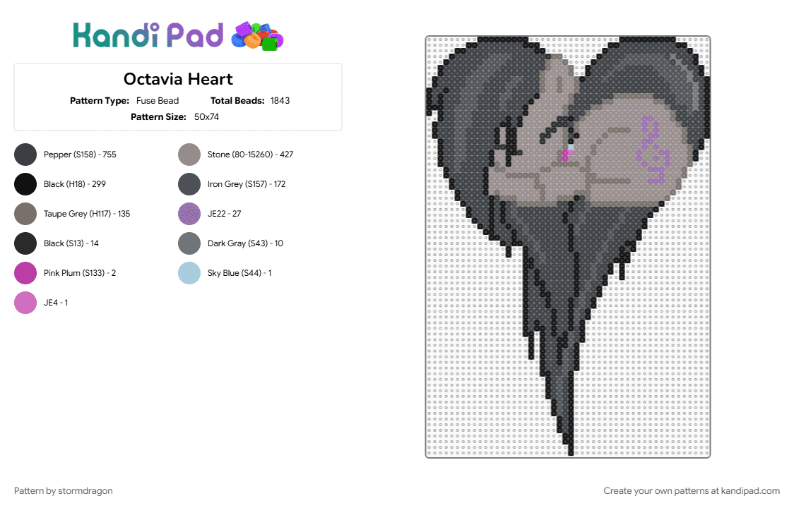 Octavia Heart - Fuse Bead Pattern by stormdragon on Kandi Pad - black, gray, grey, heart, mlp, my little pony, octavia, tv show