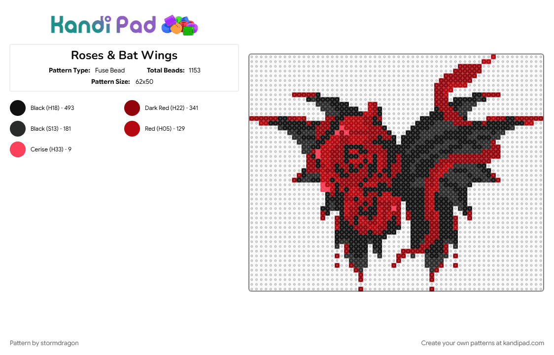 Roses & Bat Wings - Fuse Bead Pattern by stormdragon on Kandi Pad - bat, black, flower, goth, gothic, red, rose, wings