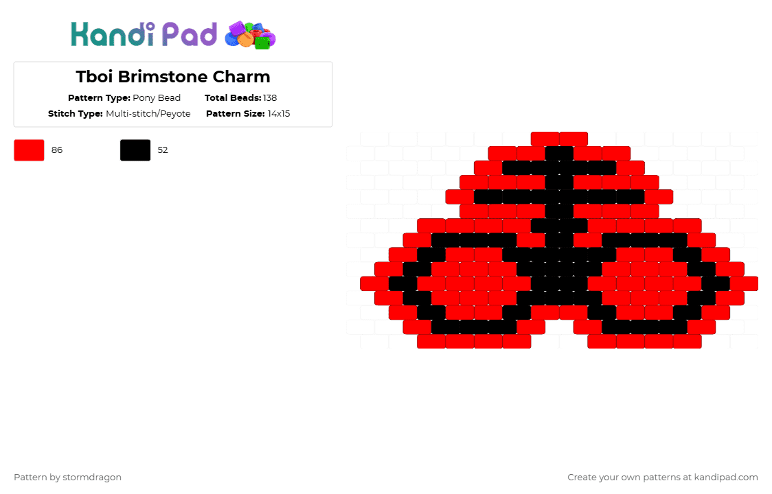 Tboi Brimstone Charm - Pony Bead Pattern by stormdragon on Kandi Pad - black, brimstone, flat charm, red, tboi, the binding of isaac, video games
