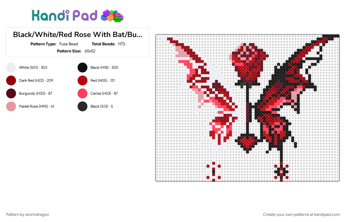 Black/White/Red Rose With Bat/Butterfly Wings - Fuse Bead Pattern by stormdragon on Kandi Pad - animal, black, butterfly, pink, red, rose, white, wings
