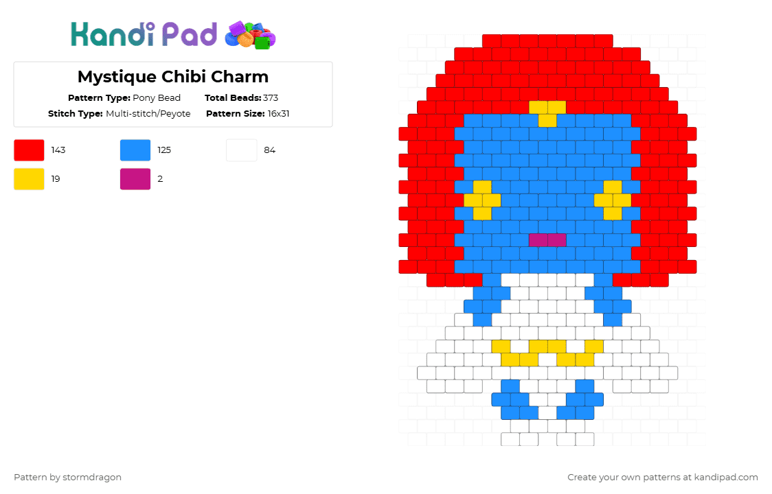 Mystique Chibi Charm - Pony Bead Pattern by stormdragon on Kandi Pad - chibi, flat charm, light blue, marvel, mystique, red, xmen