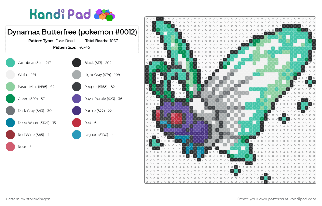 Gigantamax Butterfree (pokemon #0012) - Fuse Bead Pattern by stormdragon on Kandi Pad - gray,teal,pokemon,video games,butterfree,purple,white,green,grey,gigantamax