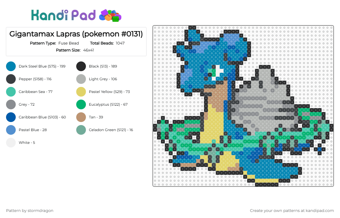 Gigantamax Lapras (pokemon #0131) - Fuse Bead Pattern by stormdragon on Kandi Pad - beige,light blue,video games,pokemon,gigantamax,lapras,blue,teal,grey
