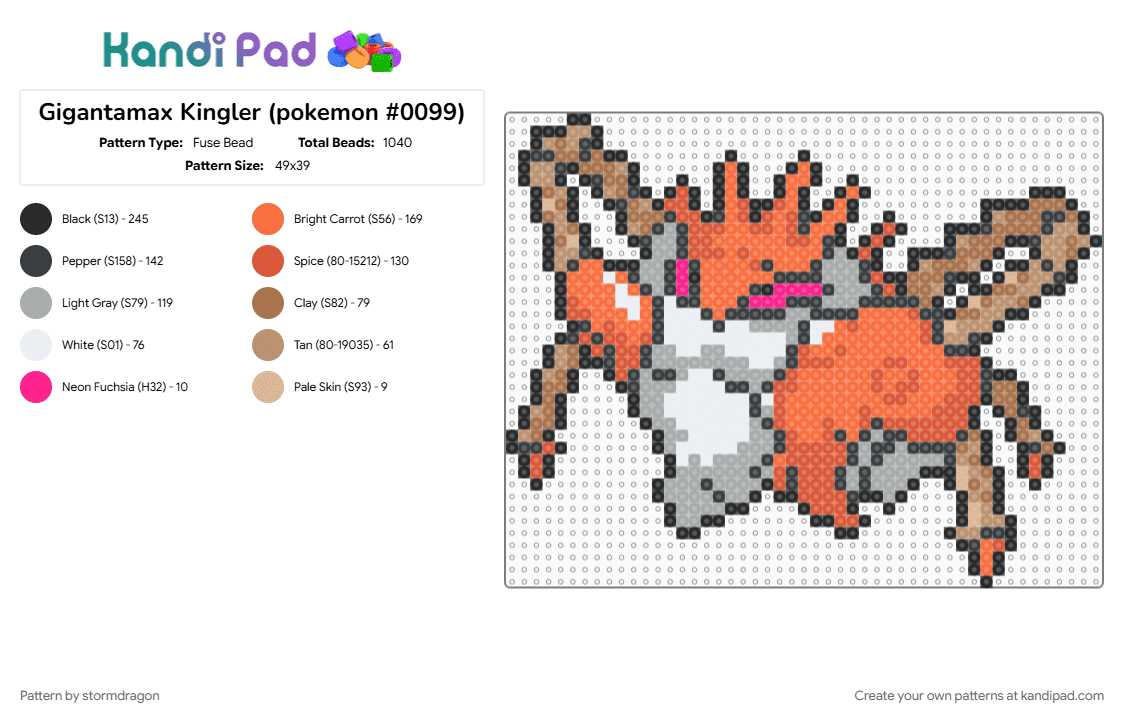 Gigantamax Kingler (pokemon #0099) - Fuse Bead Pattern by stormdragon on Kandi Pad - crab, gigantamax, gray, kingler, orange, pokemon, red, video games