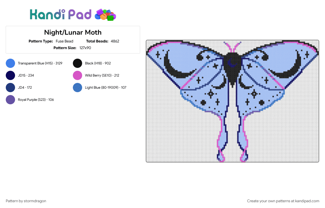 Night/Lunar Moth - Fuse Bead Pattern by stormdragon on Kandi Pad - black, blue, colorful, moth, pink, purple, translucent