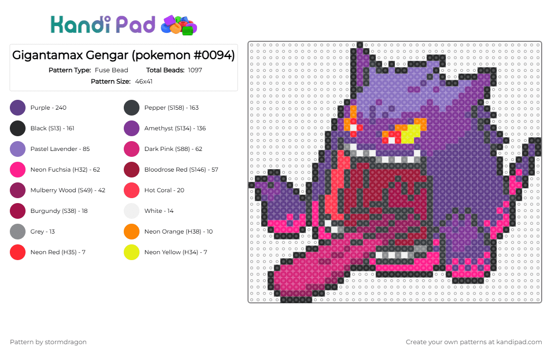 Gigantamax Gengar (pokemon #0094) - Fuse Bead Pattern by stormdragon on Kandi Pad - pink,purple,video games,pokemon,gengar,gigantamax