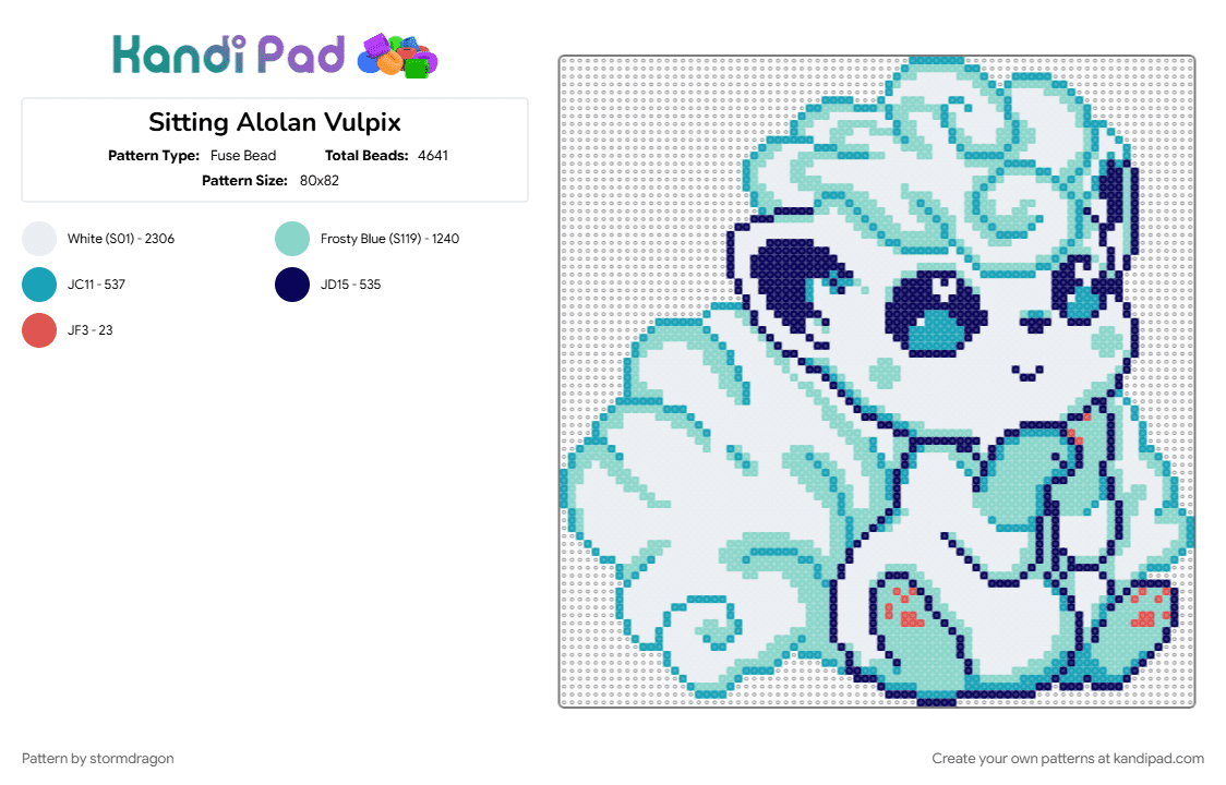 Sitting Alolan Vulpix - Fuse Bead Pattern by stormdragon on Kandi Pad - alolan vulpix, blue, fox, light blue, pokemon, video games, vulpix, white