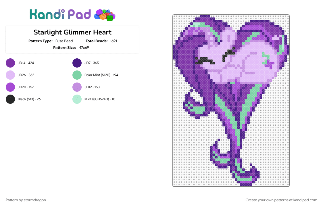 Starlight Glimmer Heart - Fuse Bead Pattern by stormdragon on Kandi Pad - mlp, my little pony, pink, purple, starlight glimmer, tv show