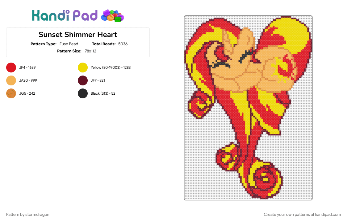 Sunset Shimmer Heart - Fuse Bead Pattern by stormdragon on Kandi Pad - heart, mlp, my little pony, orange, red, sunset shimmer, tv show, yellow