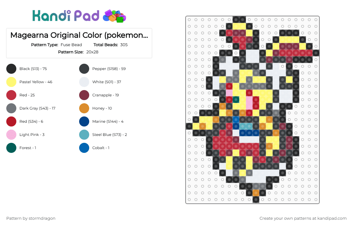 Magearna Original Color (pokemon #0801) - Fuse Bead Pattern by stormdragon on Kandi Pad - black,red,yellow,brown,colorful,fuse bead,perlerbead,magearna,pokemon,video games