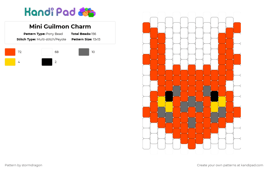 Mini Guilmon Charm - Pony Bead Pattern by stormdragon on Kandi Pad - anime, digimon, flat charm, guilmon, red, video games