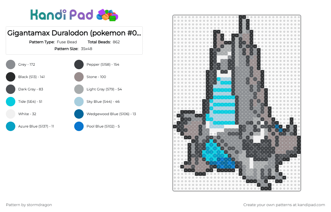 Gigantamax Duralodon (pokemon #0884) - Fuse Bead Pattern by stormdragon on Kandi Pad - blue, duralodon, gigantamax, gray, grey, pokemon, video games, white