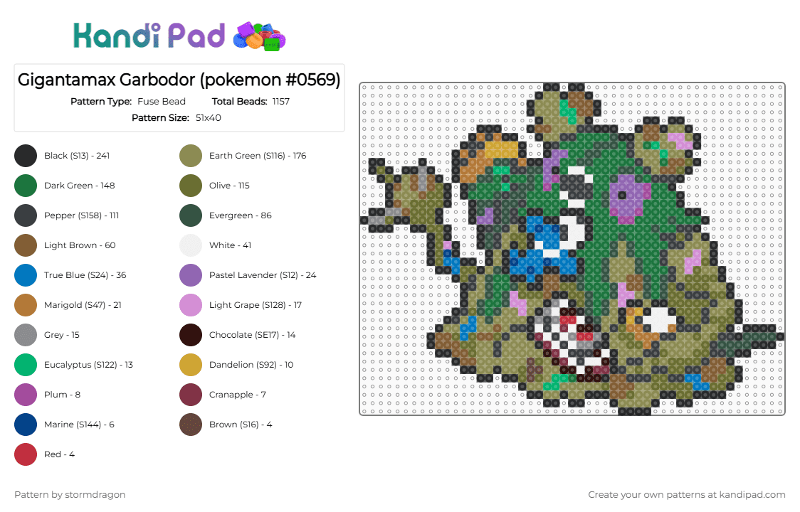 Gigantamax Garbodor (pokemon #0569) - Fuse Bead Pattern by stormdragon on Kandi Pad - gray,tan,green,gold,video games,pokemon,gigantamax,garbodor