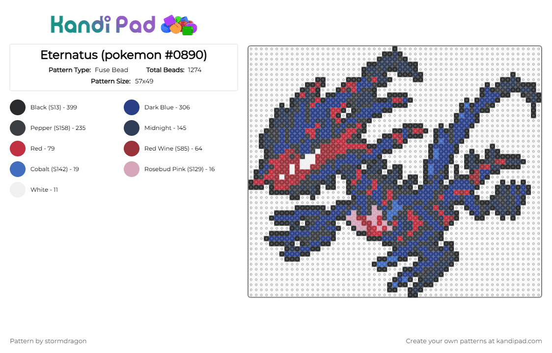Eternatus (pokemon #0890) - Fuse Bead Pattern by stormdragon on Kandi Pad - black,blue,pokemon,video games,eternatus,red