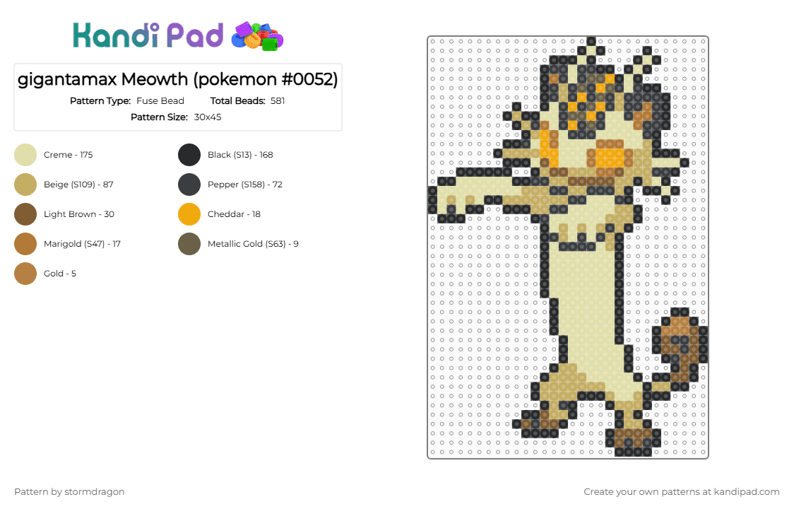gigantamax Meowth (pokemon #0052) - Fuse Bead Pattern by stormdragon on Kandi Pad - yellow,beige,video games,pokemon,gigantamax,meowth