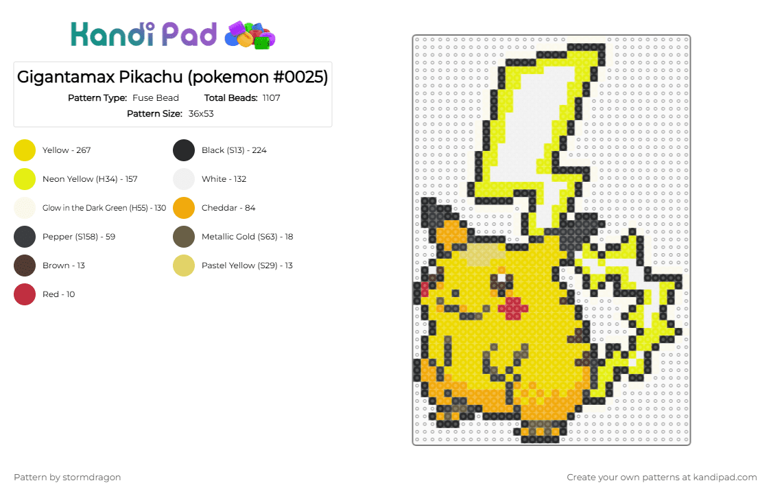 Gigantamax Pikachu (pokemon #0025) - Fuse Bead Pattern by stormdragon on Kandi Pad - yellow,video games,pokemon,pikachu,gigantamax