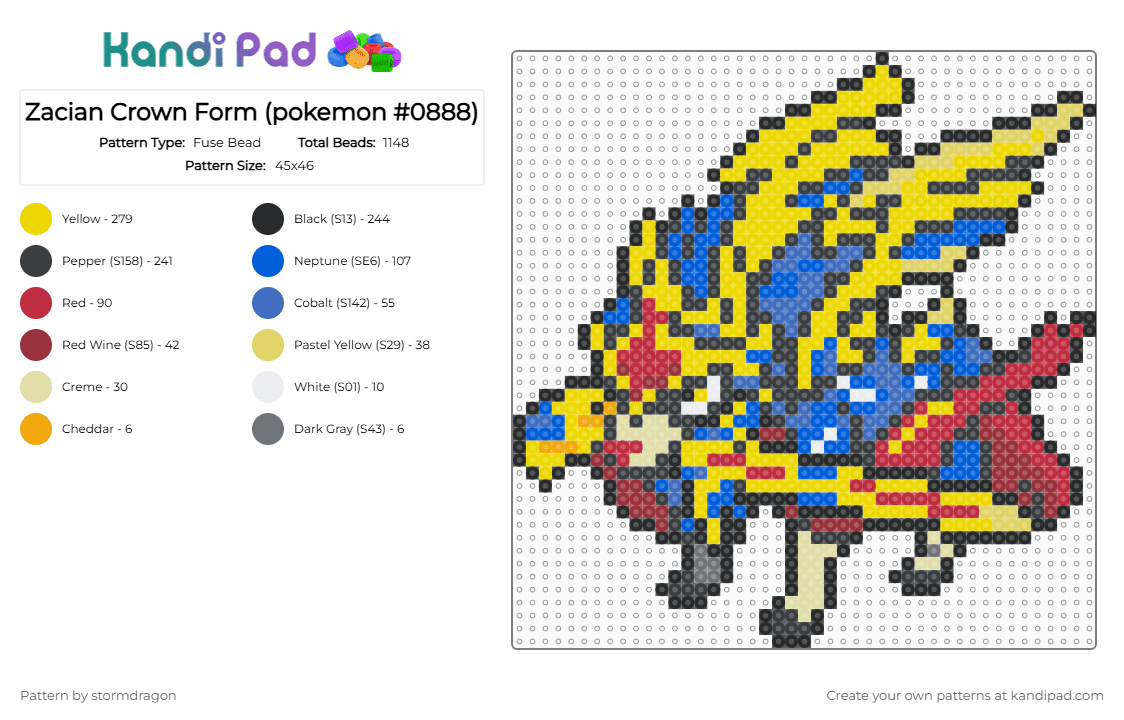 Zacian Crown Form (pokemon #0888) - Fuse Bead Pattern by stormdragon on Kandi Pad - yellow,red,blue,fuse bead,perler bead,pokemon,video games,zacian