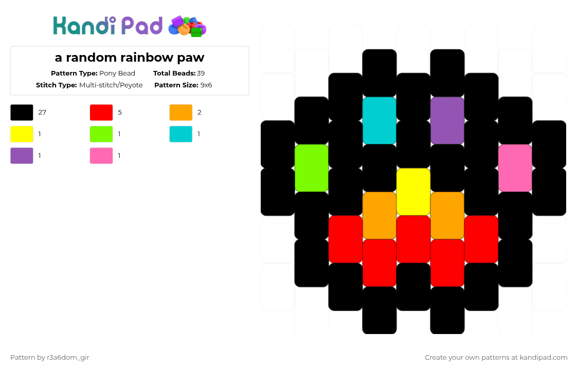 a random rainbow paw - Pony Bead Pattern by r3a6dom_gir on Kandi Pad - black,red,orange,pink