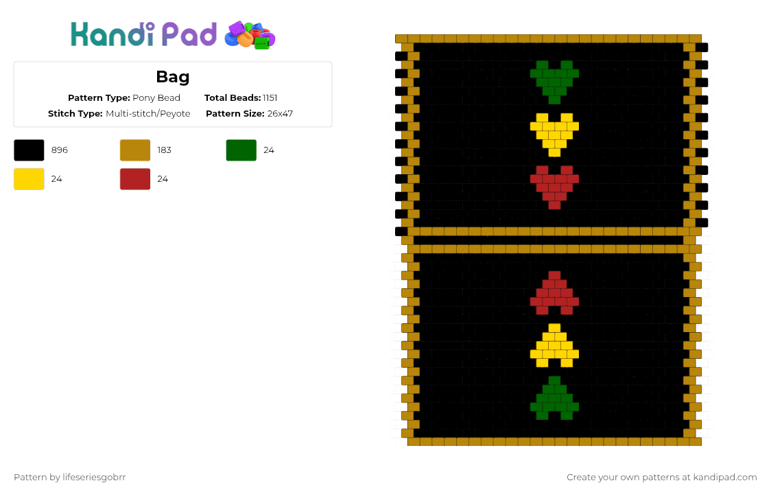 Bag - Pony Bead Pattern by lifeseriesgobrr on Kandi Pad - life series,bag,hearts,black,gold