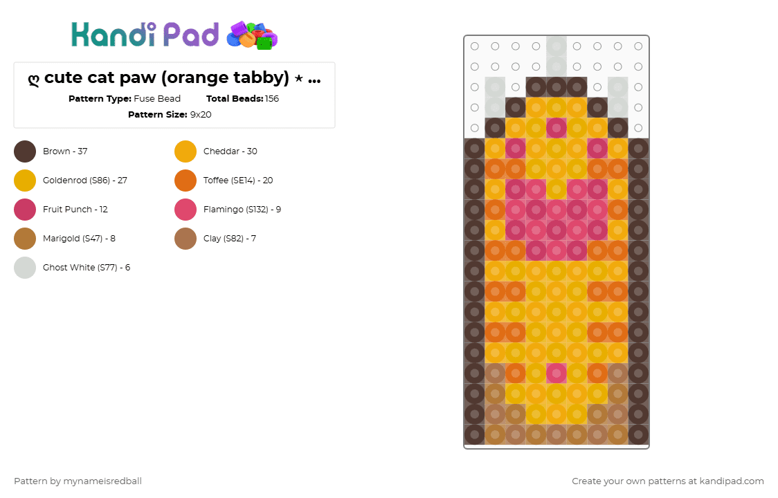 ღ cute cat paw (orange tabby) ⋆ ˚｡⋆୨୧˚ - Fuse Bead Pattern by mynameisredball on Kandi Pad - brown,orange,cat,paw,kitty,tabby,cute,garfield,pet