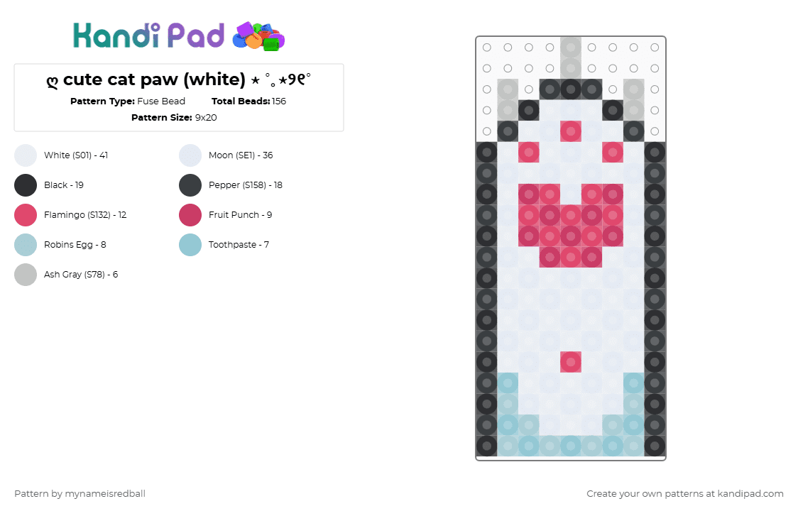 ღ cute cat paw (white) ⋆ ˚｡⋆୨୧˚ - Fuse Bead Pattern by mynameisredball on Kandi Pad - white,light blue,red,cat,paw,cute,claws,arctic,snow,kitty