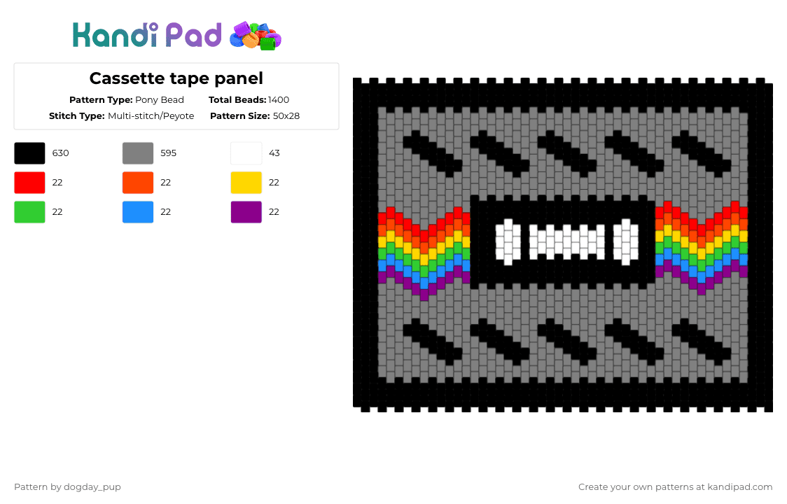Cassette tape panel - Pony Bead Pattern by dogday_pup on Kandi Pad - black,gray
