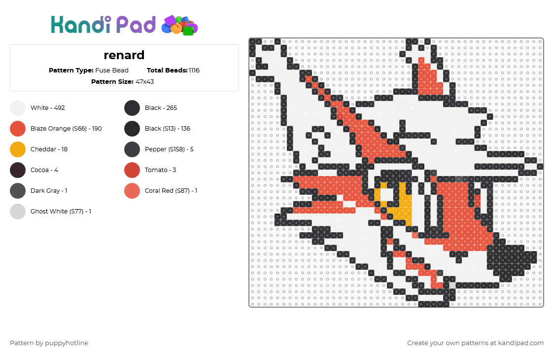 renard - Fuse Bead Pattern by puppyhotline on Kandi Pad - white,red
