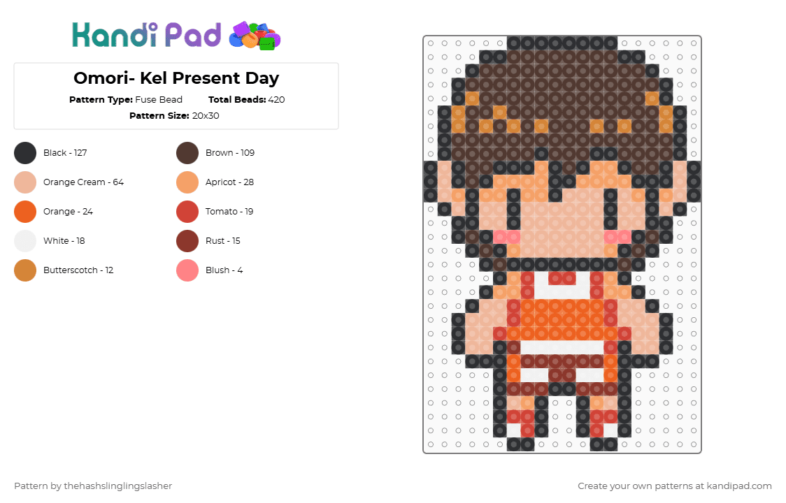 Omori- Kel Present Day - Fuse Bead Pattern by thehashslinglingslasher on Kandi Pad - brown,omori,rpgmaker