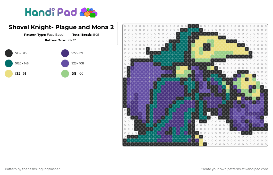 Shovel Knight- Plague and Mona 2 - Fuse Bead Pattern by thehashslinglingslasher on Kandi Pad - teal,purple,shovel knight,plague knight,mona