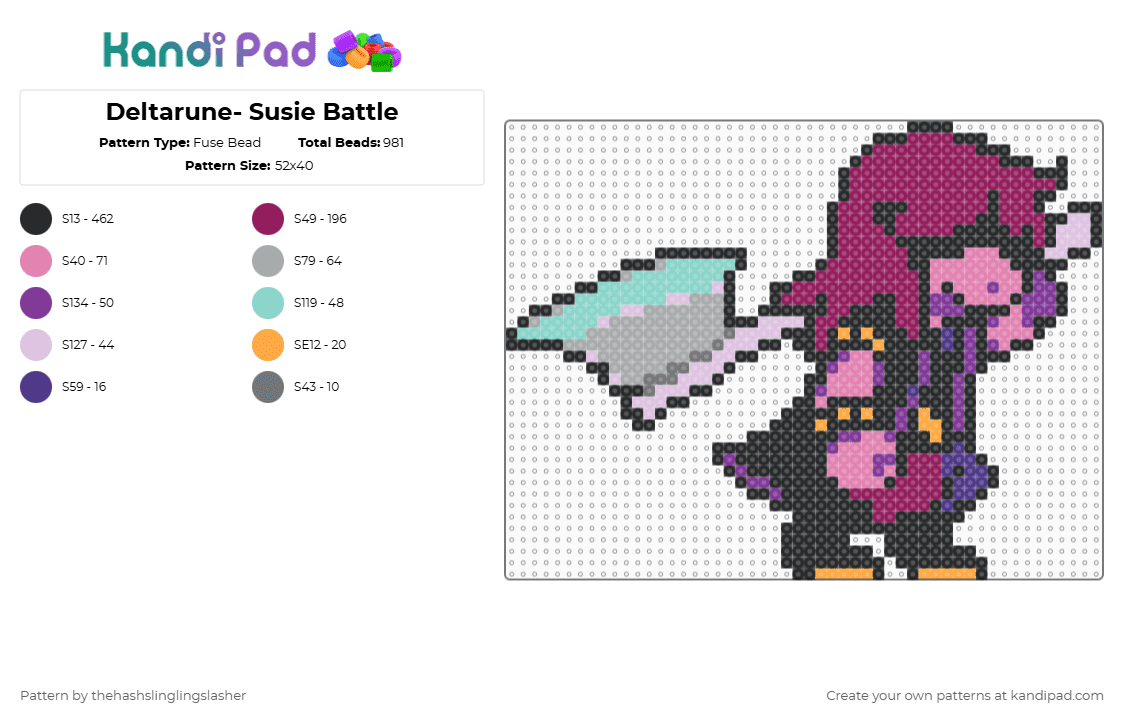 Deltarune- Susie Battle - Fuse Bead Pattern by thehashslinglingslasher on Kandi Pad - black,pink,deltarune,susie