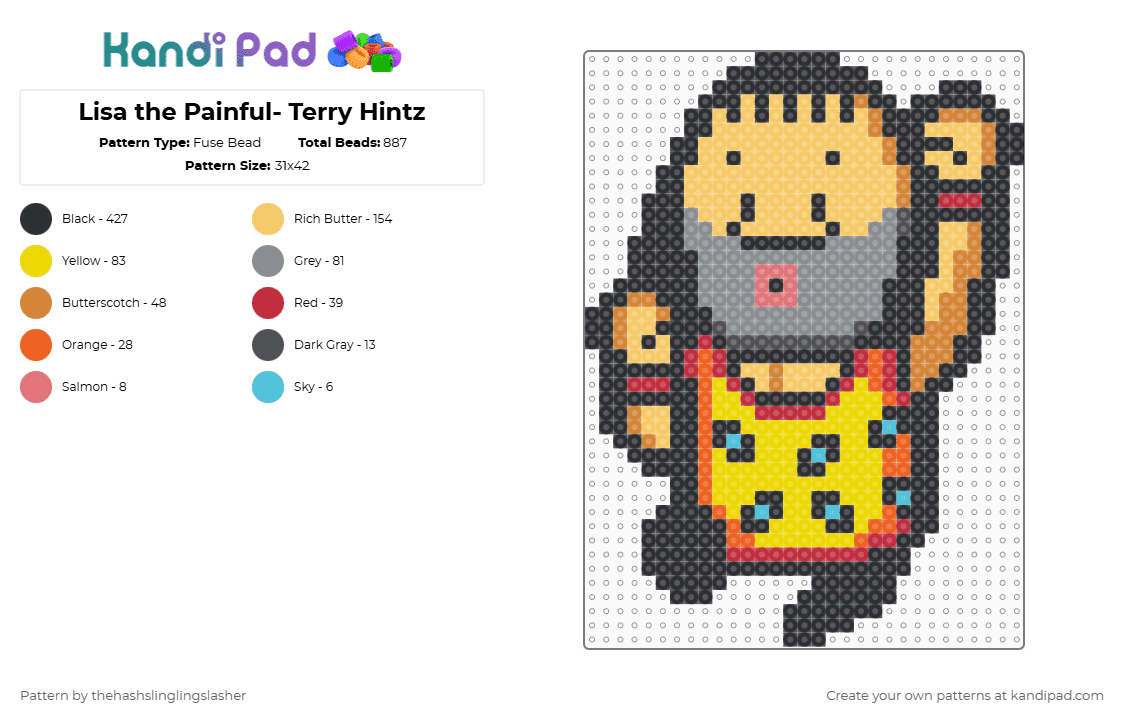 Lisa the Painful- Terry Hintz - Fuse Bead Pattern by thehashslinglingslasher on Kandi Pad - black,yellow,gray