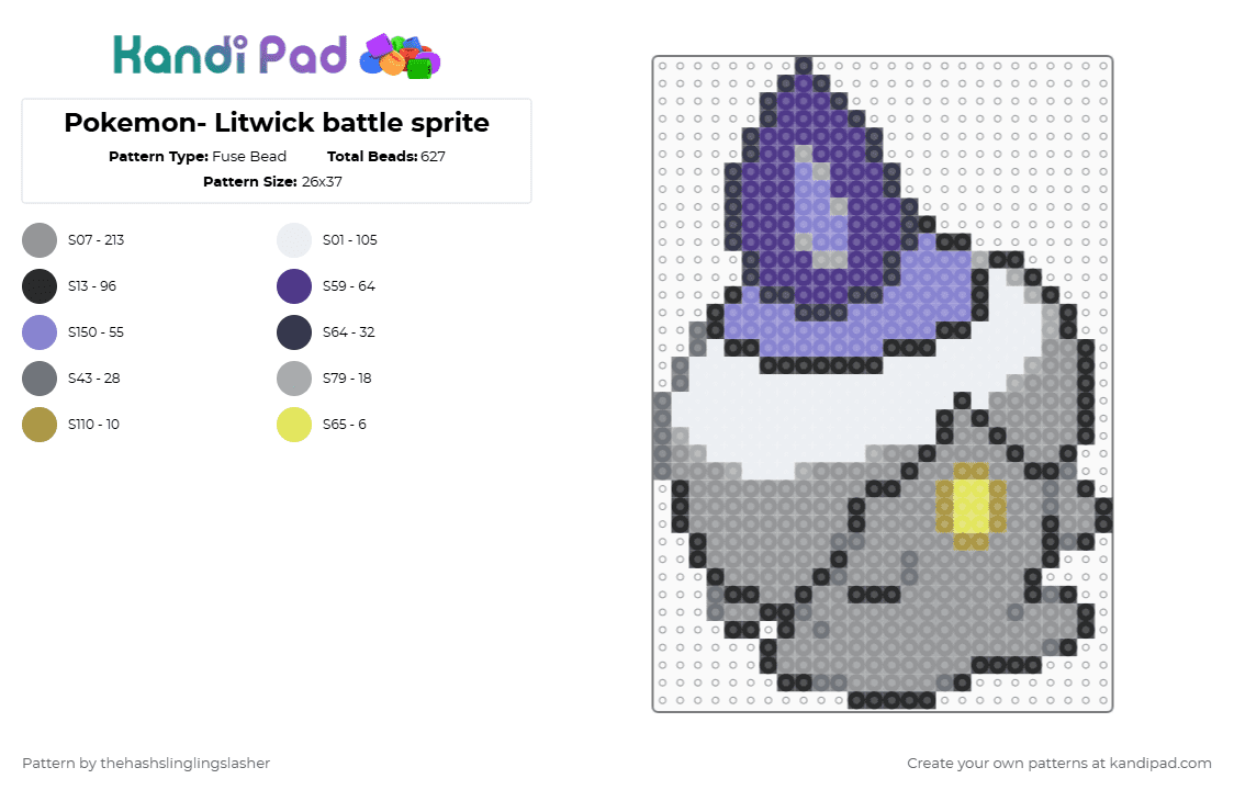 Pokemon- Litwick battle sprite - Fuse Bead Pattern by thehashslinglingslasher on Kandi Pad - gray,purple