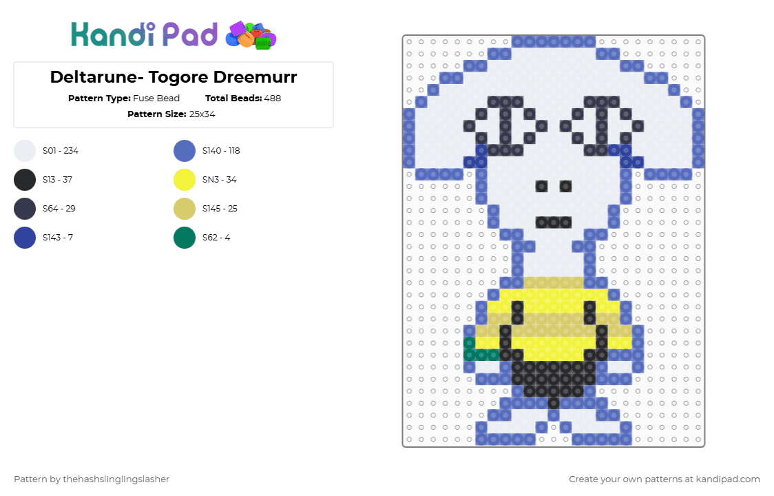 Deltarune- Togore Dreemurr - Fuse Bead Pattern by thehashslinglingslasher on Kandi Pad - blue, deltarune, togore, white, yellow