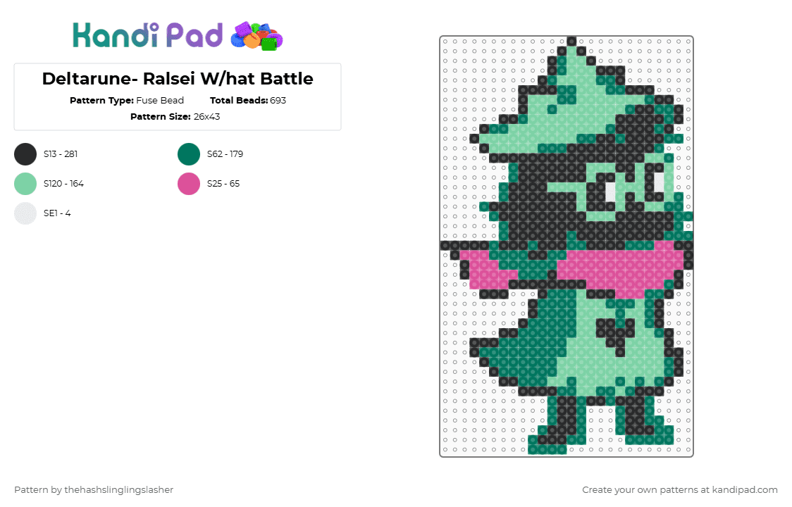 Deltarune- Ralsei W/hat Battle - Fuse Bead Pattern by thehashslinglingslasher on Kandi Pad - teal,deltarune,ralsei