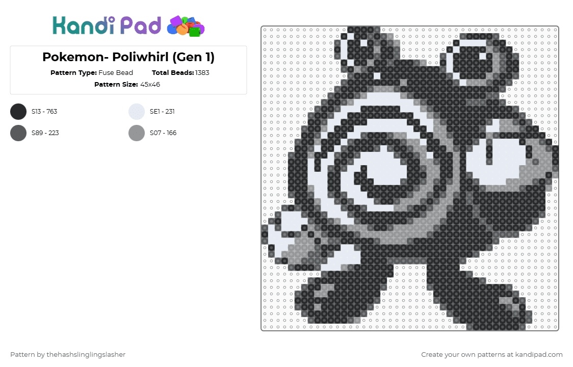 Pokemon- Poliwhirl (Gen 1) - Fuse Bead Pattern by thehashslinglingslasher on Kandi Pad - gray,white,pokemon,gen 1,poliwhirl
