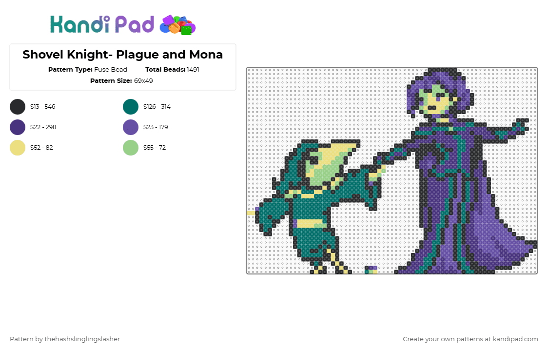 Shovel Knight- Plague and Mona - Fuse Bead Pattern by thehashslinglingslasher on Kandi Pad - purple,teal,shovel knight,plague knight,mona