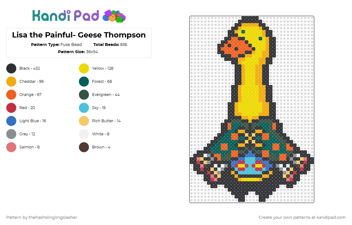 Lisa the Painful- Geese Thompson - Fuse Bead Pattern by thehashslinglingslasher on Kandi Pad - black,orange,yellow,gray