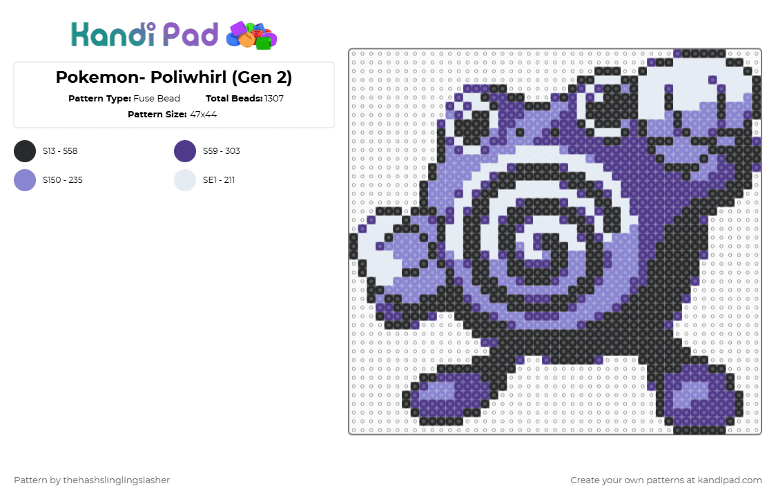 Pokemon- Poliwhirl (Gen 2) - Fuse Bead Pattern by thehashslinglingslasher on Kandi Pad - purple,blue,pokemon,gen 2,poliwhirl