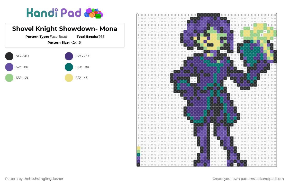Shovel Knight Showdown- Mona - Fuse Bead Pattern by thehashslinglingslasher on Kandi Pad - purple,shovel knight,mona