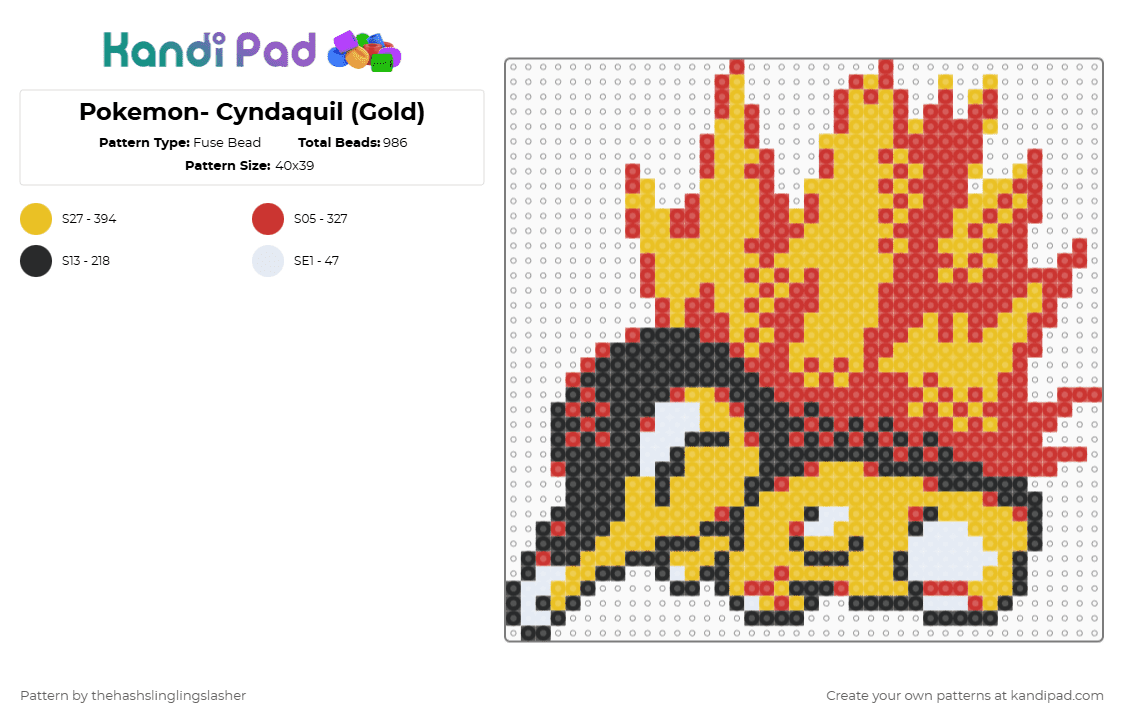Pokemon- Cyndaquil (Gen 2) - Fuse Bead Pattern by thehashslinglingslasher on Kandi Pad - red,yellow,pokemon,cyndaquil,gen 2